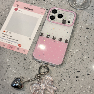 可爱粉拼白星星小黑猫适用于苹果17promax手机壳iphone14保护套13全包新款16少女15pro独特max网红爆款手机套