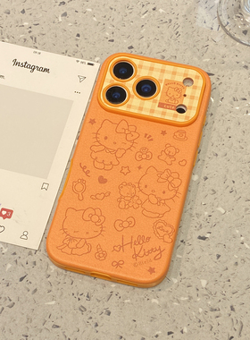 卡通可爱皮质橙色线条kt猫适用于苹果17promax手机壳iphone16保护套14全包13小众新款15pro网红max超火手机套