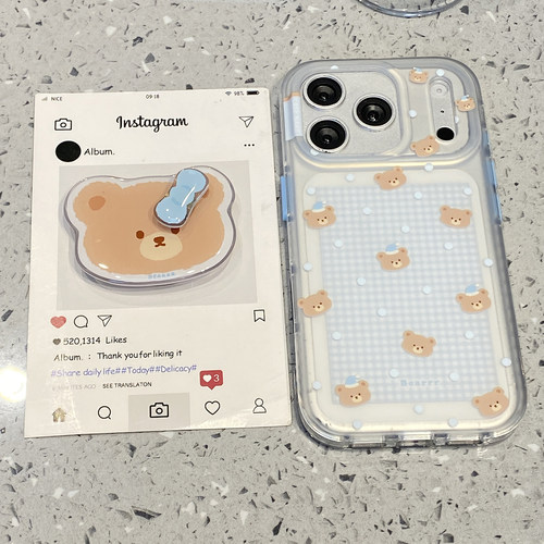 趣味可爱卡通格子满屏小熊适用于苹果17pro手机壳iphone16保护套14/13新款15promax/max手机套女不会撞壳艺术