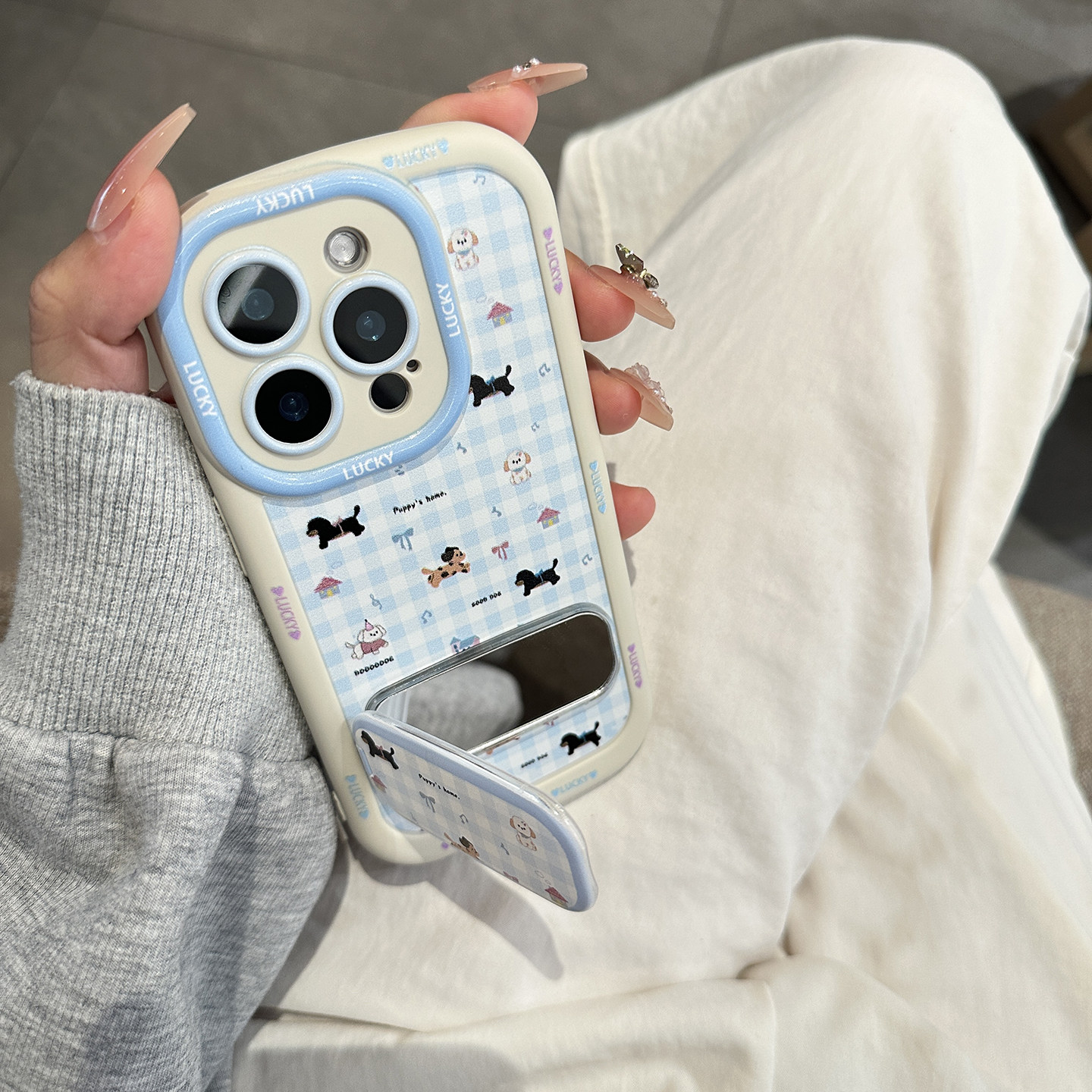 ins蓝格子小狗适用iphone17promax手机壳苹果16pro镜子支架15女14软13/11/套12max外壳x/xs/xr/xsmax/8plus/7