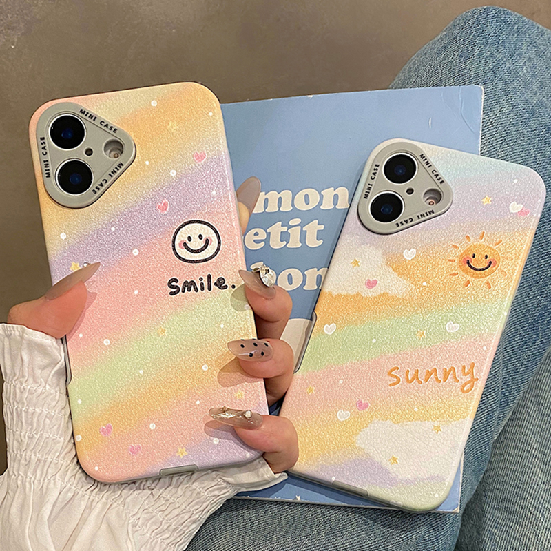 ins风日韩彩虹笑脸太阳适用于iphone15手机壳苹果16保护套14全包13硅胶新款15promax防摔16pro情侣max手机套p