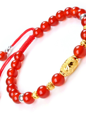 3D黄金转运珠手链女士路路通本命年天然红玛瑙编绳手串七夕情人节