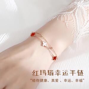 999纯银红玛瑙四叶草银手錬女款轻奢小众精致纯银女朋友生日礼物