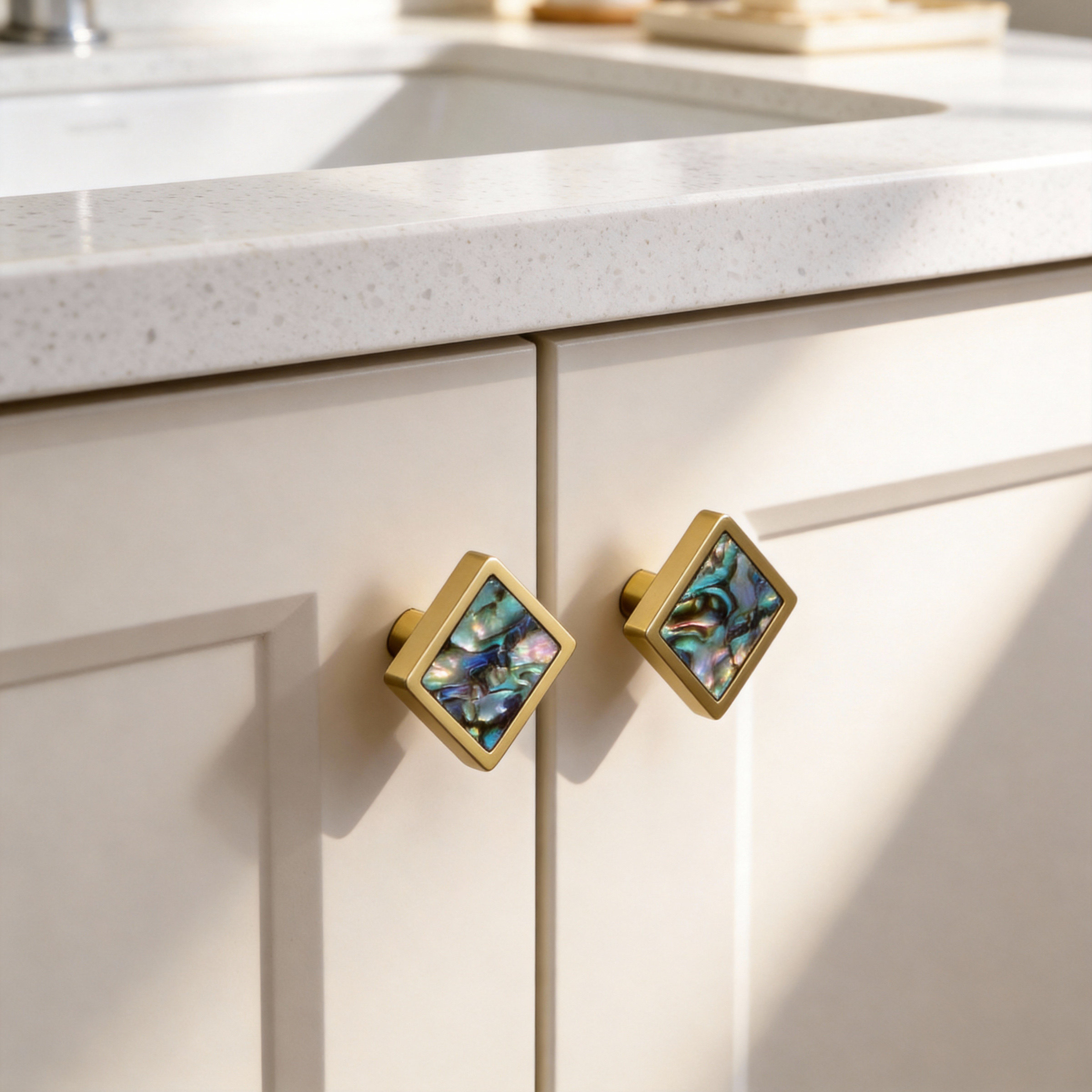 不止铜匠正方形天然贝壳拉手黄铜法式抽屉柜门把手装饰轻奢风设计