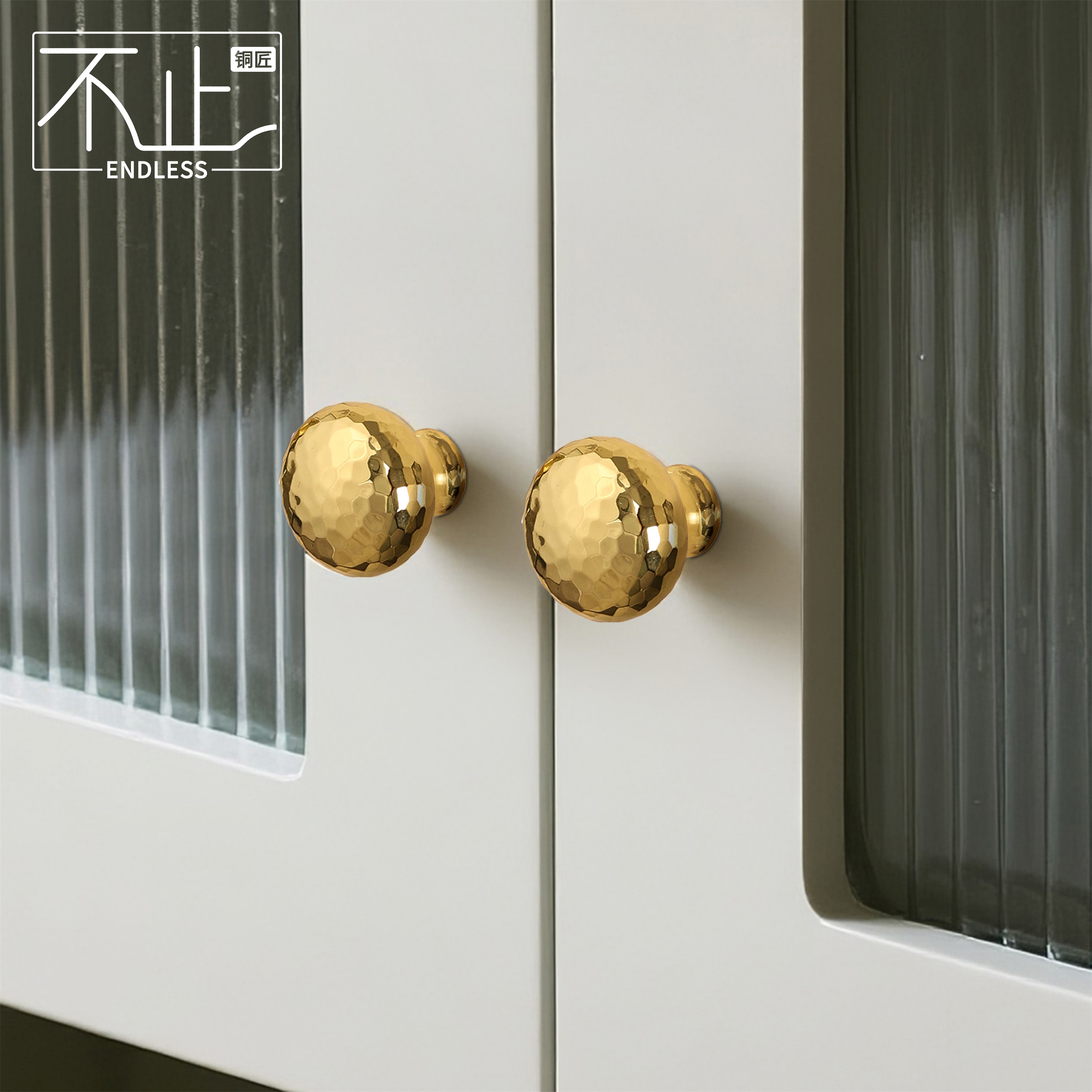 手工锤纹蘑菇头轻奢黄铜拉手金色