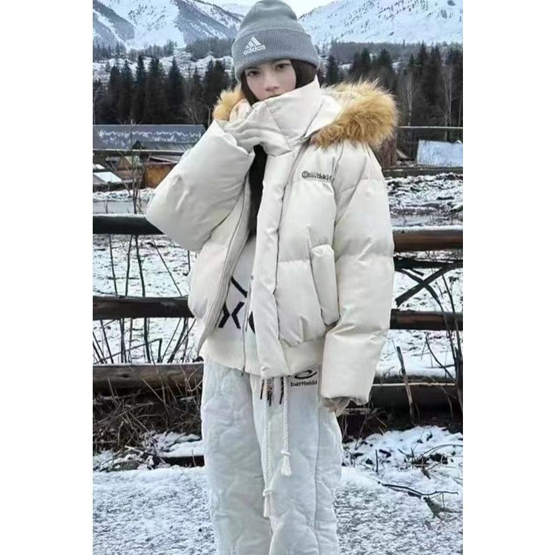 可拆卸大毛领oversize学院风刺绣加厚保暖情侣pu皮羽绒棉衣棉服女