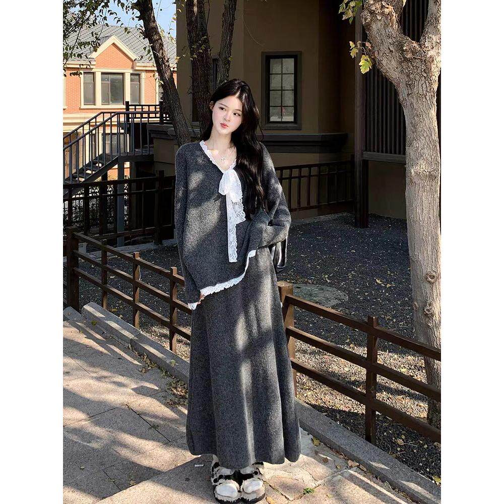 仙女温柔系穿搭秋季套装v领蕾丝花边蝴蝶结针织衫半身裙子两件套