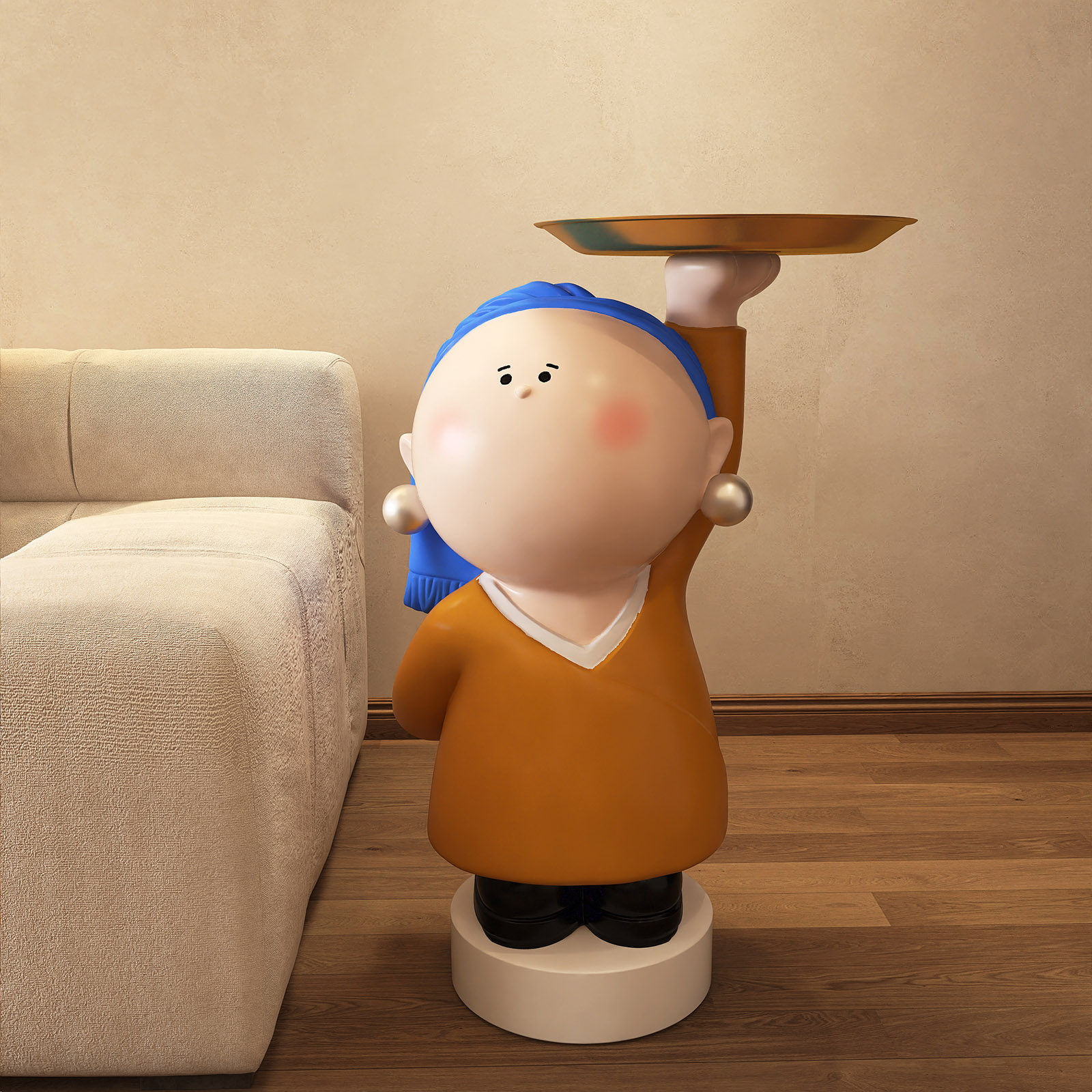 戴珍珠耳环的少女孩家居大型客厅电视柜沙发旁边落地乔迁新居摆件