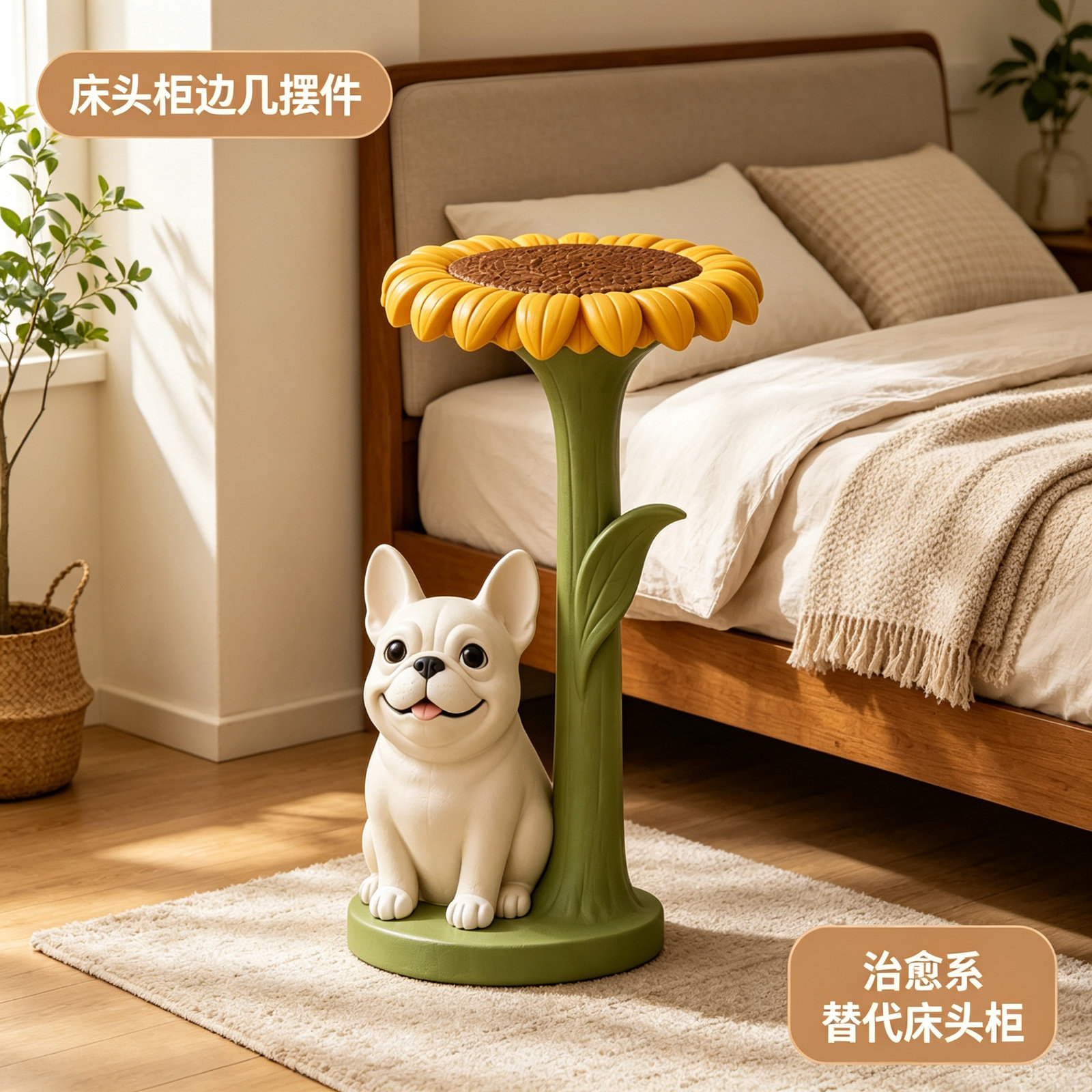 北欧奶油风斗牛犬向日葵边几置物架儿童床头柜圆桌收纳桌角几摆件