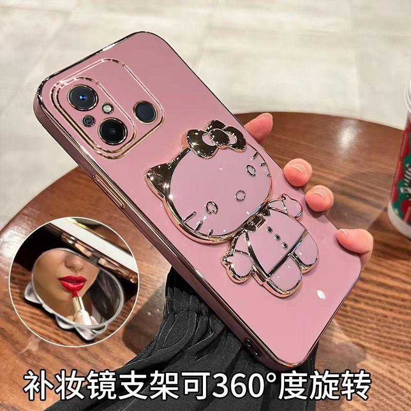 红米12C手机壳可爱猫支架redmi 12c时尚补妆镜面保护套22120RN86C全包防摔网红卡通创意新款镜子奢华女适用于