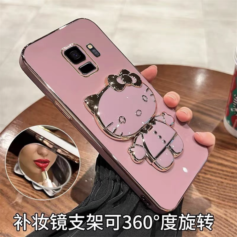 三星S9手机壳可爱猫支架GalaxyS9+时尚补妆镜面保护套SMG9600全包防摔SMG9650网红卡通创意新款镜子奢适用于