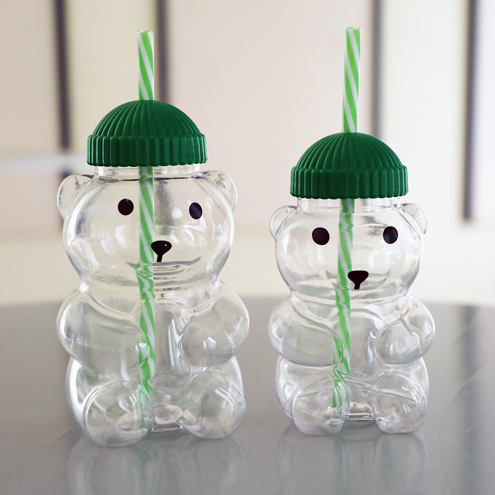 圣诞节绿盖小熊卡通吸管杯网红奶茶瓶PET塑料饮料一次性果蔬汁瓶
