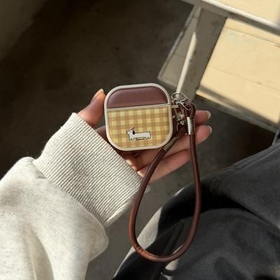 磁吸黄色格纹腊肠狗苹果耳机套