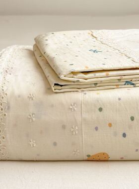 insA类纯棉蕾丝花边床单双层纱被单100水洗棉宿舍被单枕套三件套