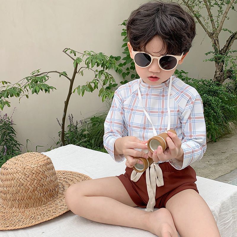 男童ins新款韩系泳衣中小童格子分体防晒长袖泳装宝宝连体游泳衣