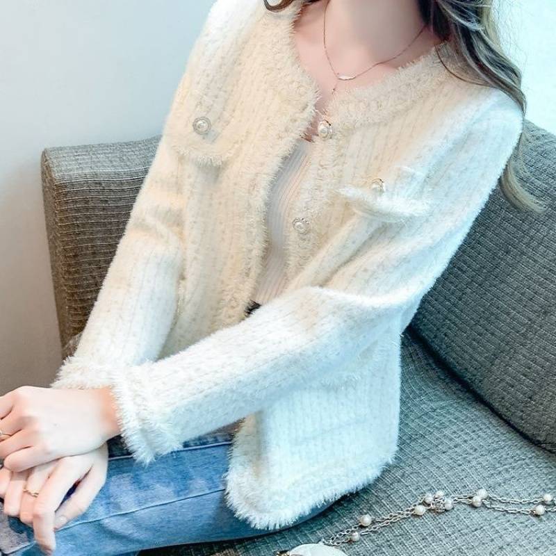 小香风高级感短款仿貂绒针织开衫春季新款法式流苏显瘦外套女上衣