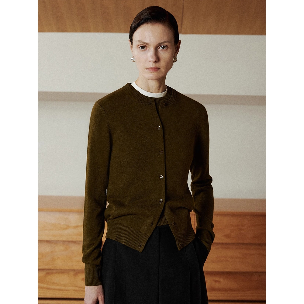 法式复古棕色别致修身圆领针织开衫外套女2024新款早秋季毛衣上衣