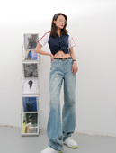 显腿长摩登复古水洗做旧直筒拖地牛仔裤 petty Elsa175加长阔腿裤