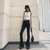 petty 显瘦高街紧身黑色 女2025春秋新韩版 Elsa加长微喇叭裤 牛仔裤