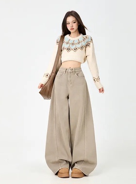 高腰奶咖色加绒阔腿牛仔裤女2025秋冬加长加厚宽松弯刀拖地长裤子