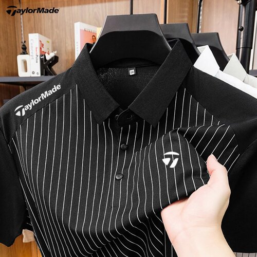 TaylorMade泰勒梅男士短袖翻领条纹POLO衫商务休闲凉感高尔夫T恤