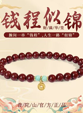 普陀山文创朱砂手串本命红色紫金砂转运好运925银钱币发财暴富