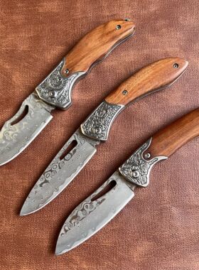 手工锻打大马士革折叠刀多功能随身便携折刀户外露营手把肉锋利刀