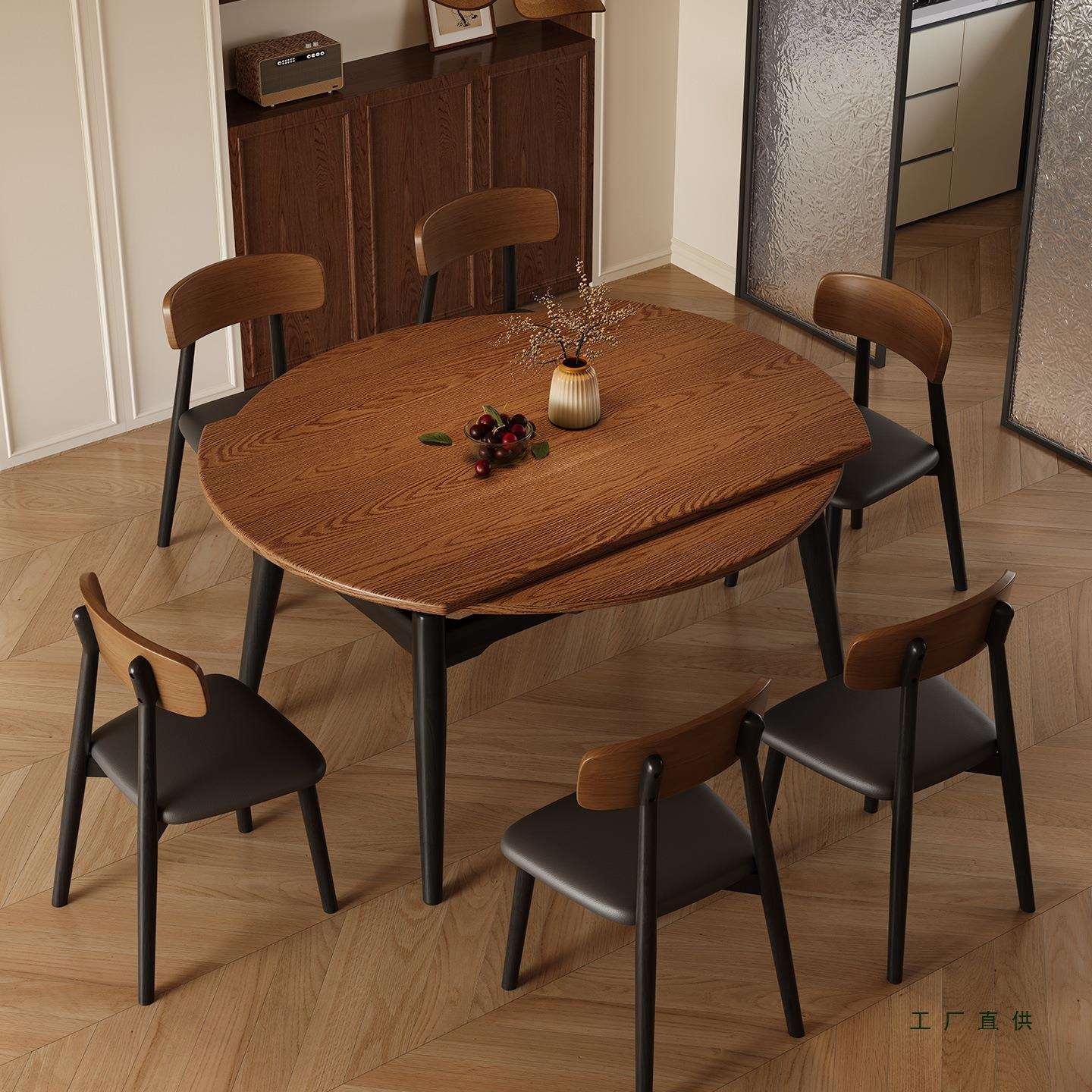 法式中古风可伸缩实木餐桌椅组合小户型折叠两用白蜡木纹复古饭桌