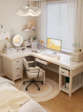 实木转角书桌白色奶油风电脑桌子l型7拐角女孩卧室书房双人长条桌