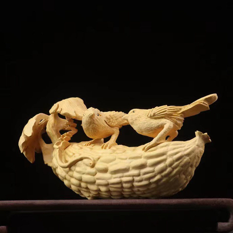 黄杨木雕苦尽甘来摆件 喜鹊个性雕像苦瓜家居装饰送礼收藏工艺品