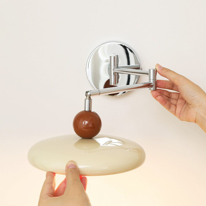 法式奶油风摇臂壁灯卧室床头灯免布线接线中古可旋转长臂灯免打孔