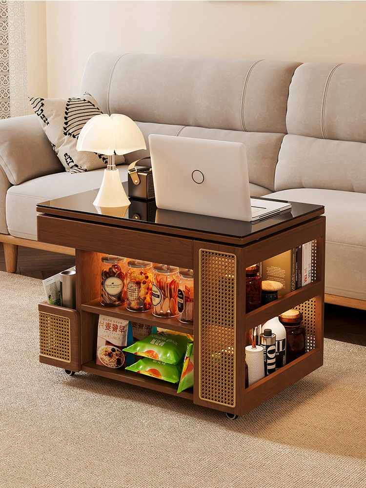 实木可移动边几巴士升降茶几家用客厅沙发边柜子中古风小推车边几