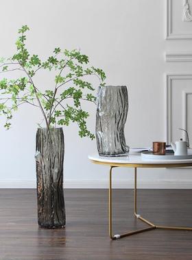 简约轻奢风厚重设计大号直筒树根落地玻璃花瓶家居软装工艺品