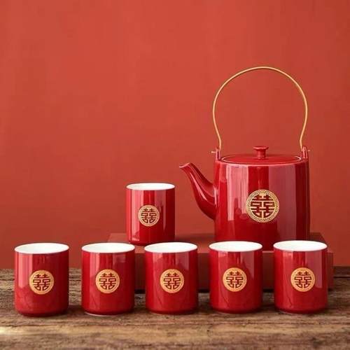 婚礼家结婚喜庆茶具套装婚庆陪嫁新婚红色喜茶壶茶杯改口敬茶用GX