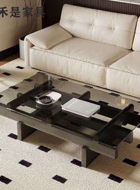 法式中古风长方形设计款白蜡木钢化玻璃茶几现代轻奢客厅家用小户