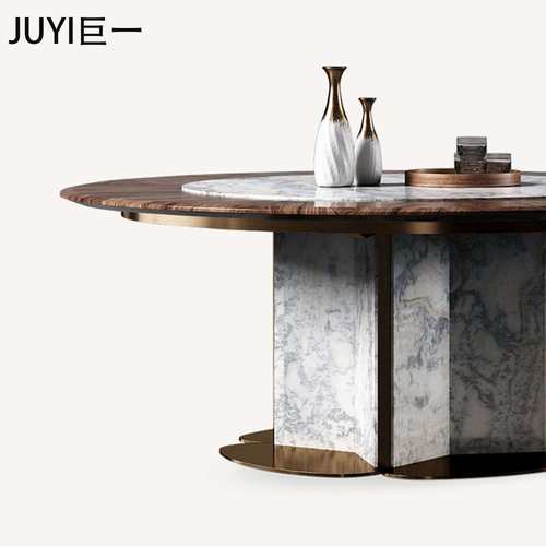 JUYI意式实木内嵌圆餐桌别墅全屋高定餐厅家具轻奢高级感餐桌
