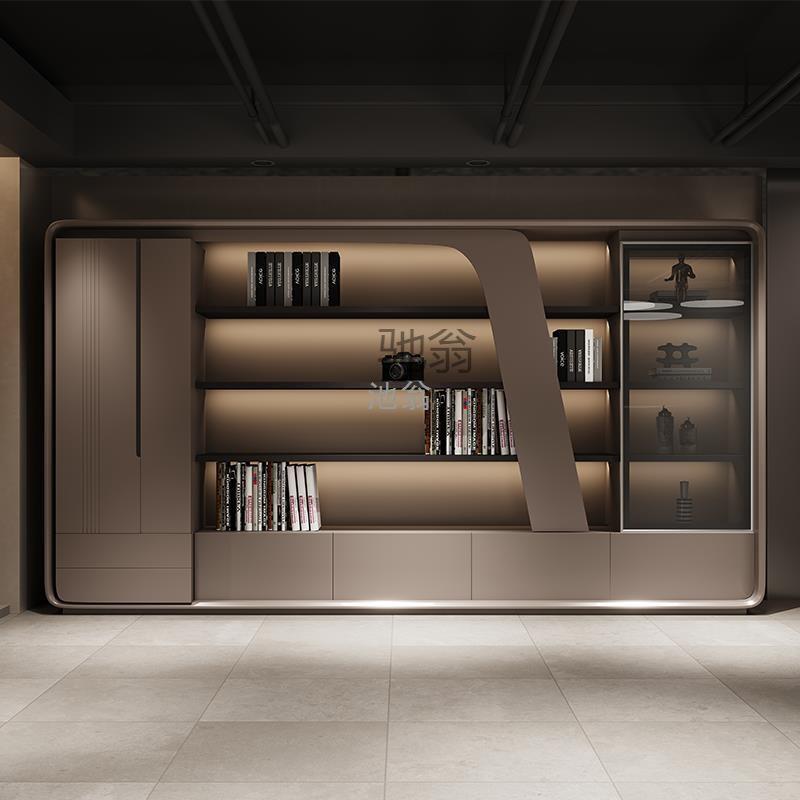 柜子办公室靠墙设计柜灯带老板办公桌书柜展示落地文件柜木质背景