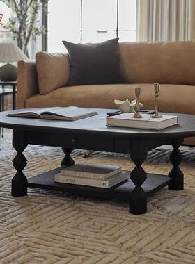 dde法式椭圆形实木茶几小户型美式复古双层抽屉茶台黑色中古原木