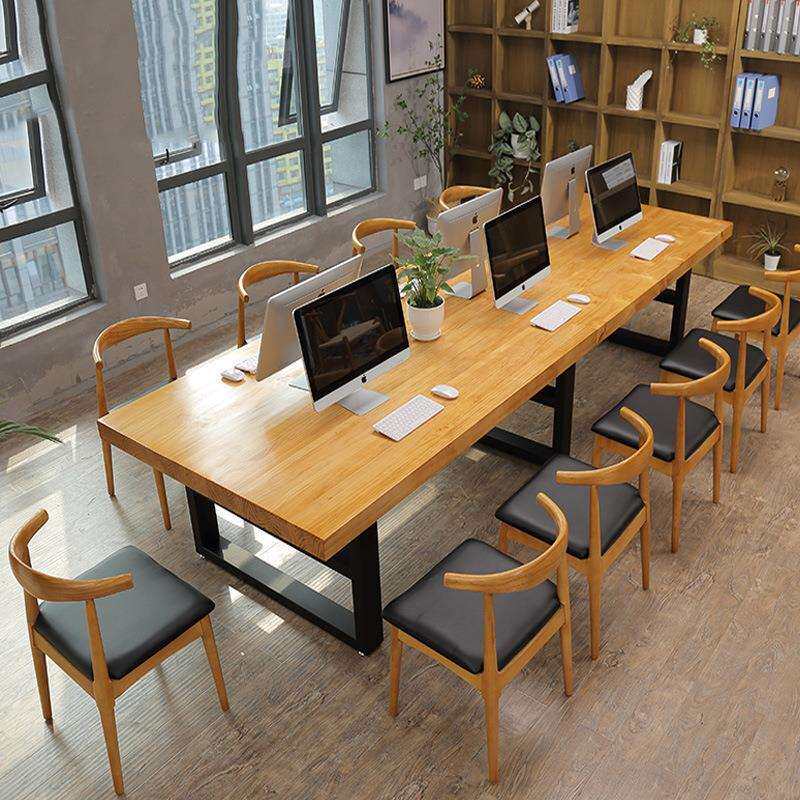 美式铁艺实木长条大板办公桌多人会议桌职员电脑桌椅多功能简约风