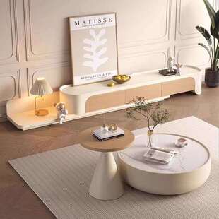 奶油风实木岩板茶几客厅家用原木色拉伸电视柜组合大小户型落地柜