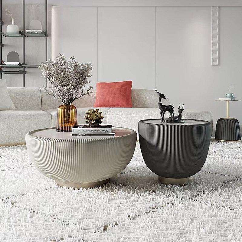 意式轻奢现代圆形茶几创意设计师款小户型客厅岩板皮艺大小碗组合