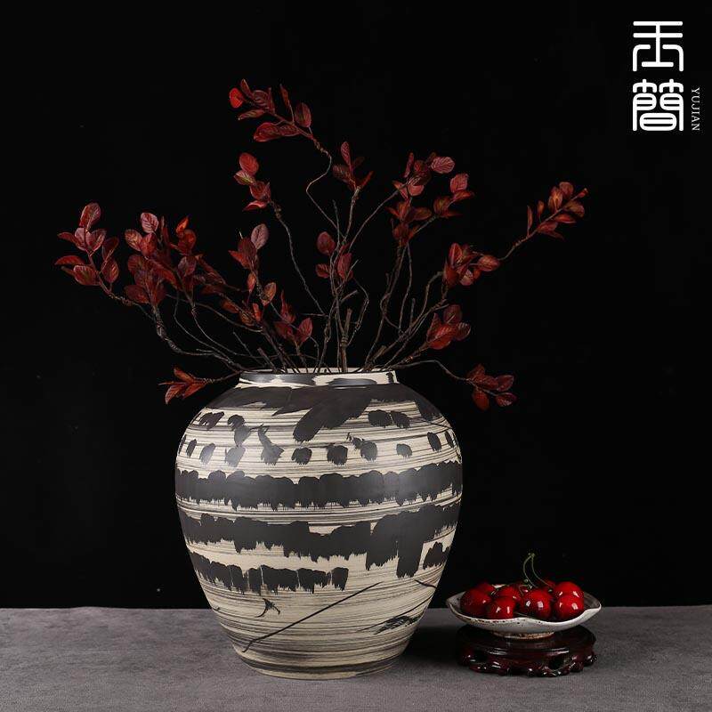 新中式水墨风复古陶瓷花瓶摆件家居书房画缸样板间售楼处软装饰