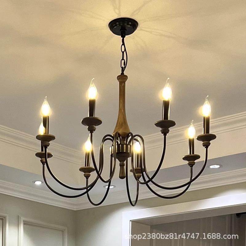 华诗源复古木艺蜡烛吊灯别墅法式中古餐厅客厅灯具胡桃木色复古风