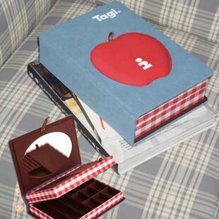 Tagi.鼓鼓大容量双层书本镜子首饰收纳布艺搭扣盒木质首饰盒