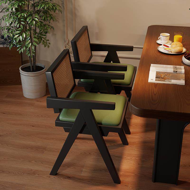 实木藤编餐椅中国风现代简约家用扶手靠背书桌椅中古餐桌椅子