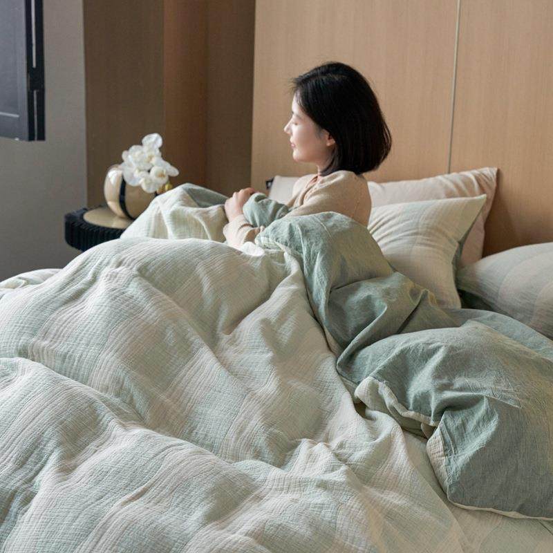 日式复古简约全棉条纹绉纱大提花四件套中性色织水洗棉床笠款套件