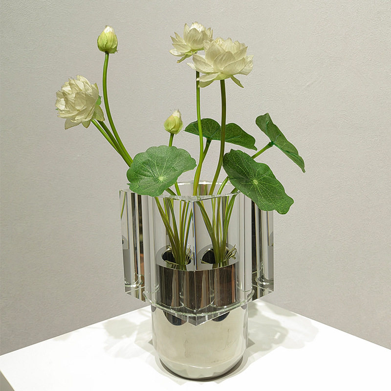 现代轻奢彩色水晶花器样板间磨砂几何花瓶卧室床头柜粉装饰插花器