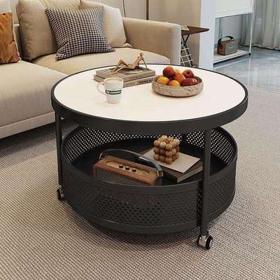 意式极简岩板茶几小户型客厅家用轻奢圆形中古风新款可移动小推车