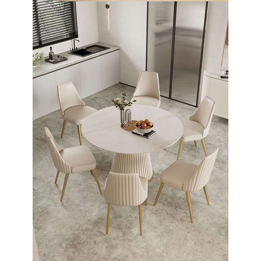 现代简约轻奢高端亮光岩板圆形餐桌家用小户型岩板餐桌椅小型