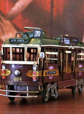 桌面工业风软装饰品摆件无轨电车模型欧洲复古铁皮车个性摆设布置